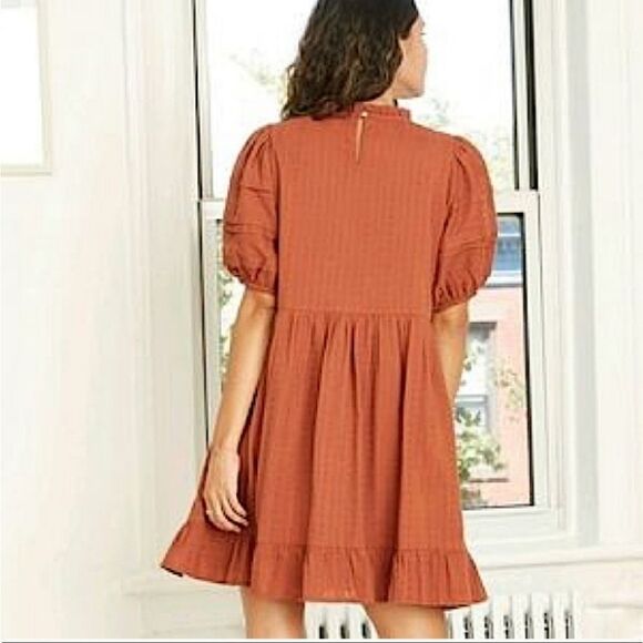 Universal Thread Burnt Orange Puff Sleeve 100% Cotton Embroidered Dress Small - Picture 3 of 10